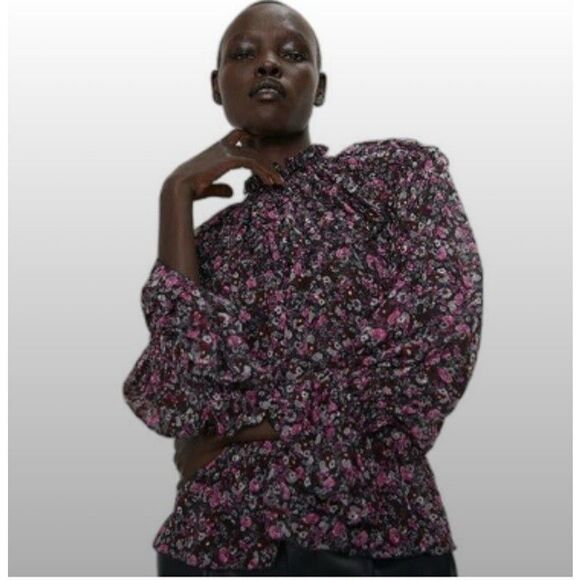 Zara black blouse Floral print Long sleeve peplum top boho romantic size M - Picture 5 of 13